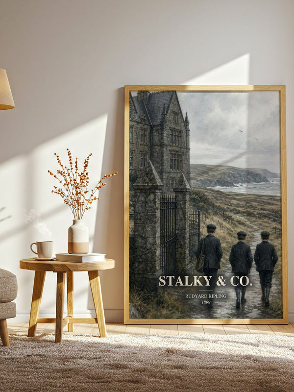 Stalky & Co. watercolour print in frame leaning in hallway – childrens wall art
