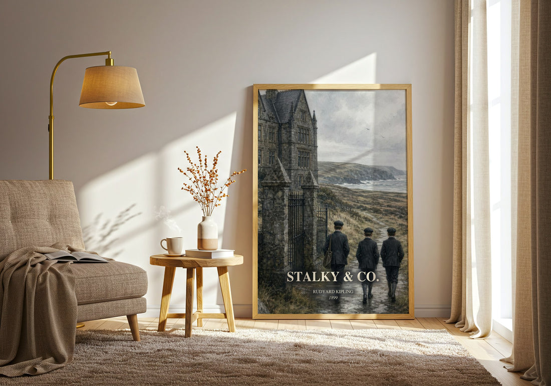 Stalky & Co. watercolour print in frame leaning in hallway – childrens wall art (mockup)