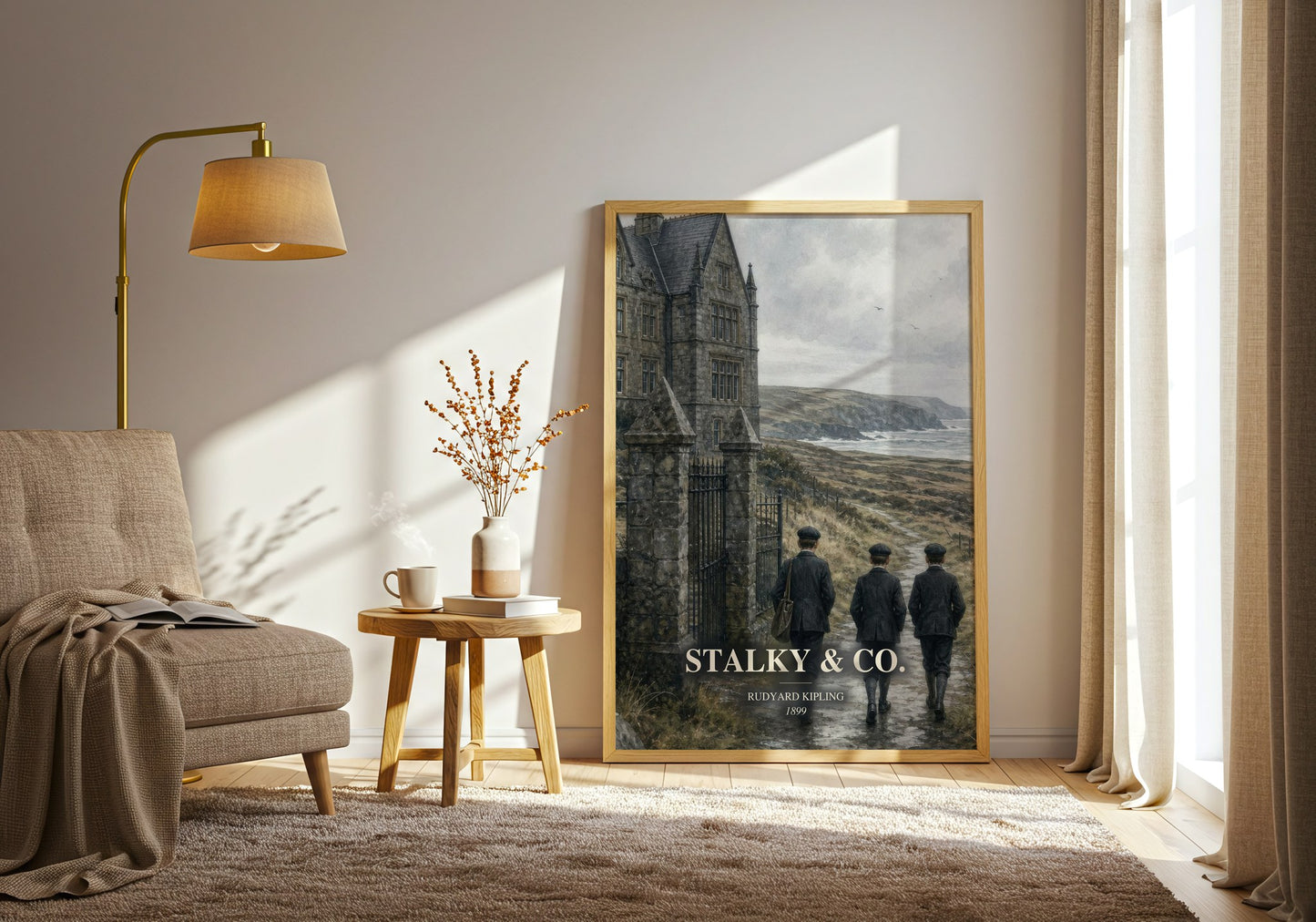 Stalky & Co. watercolour print in frame leaning in hallway – childrens wall art