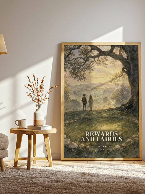 Rewards And Fairies watercolour print in frame leaning in hallway – childrens wall art