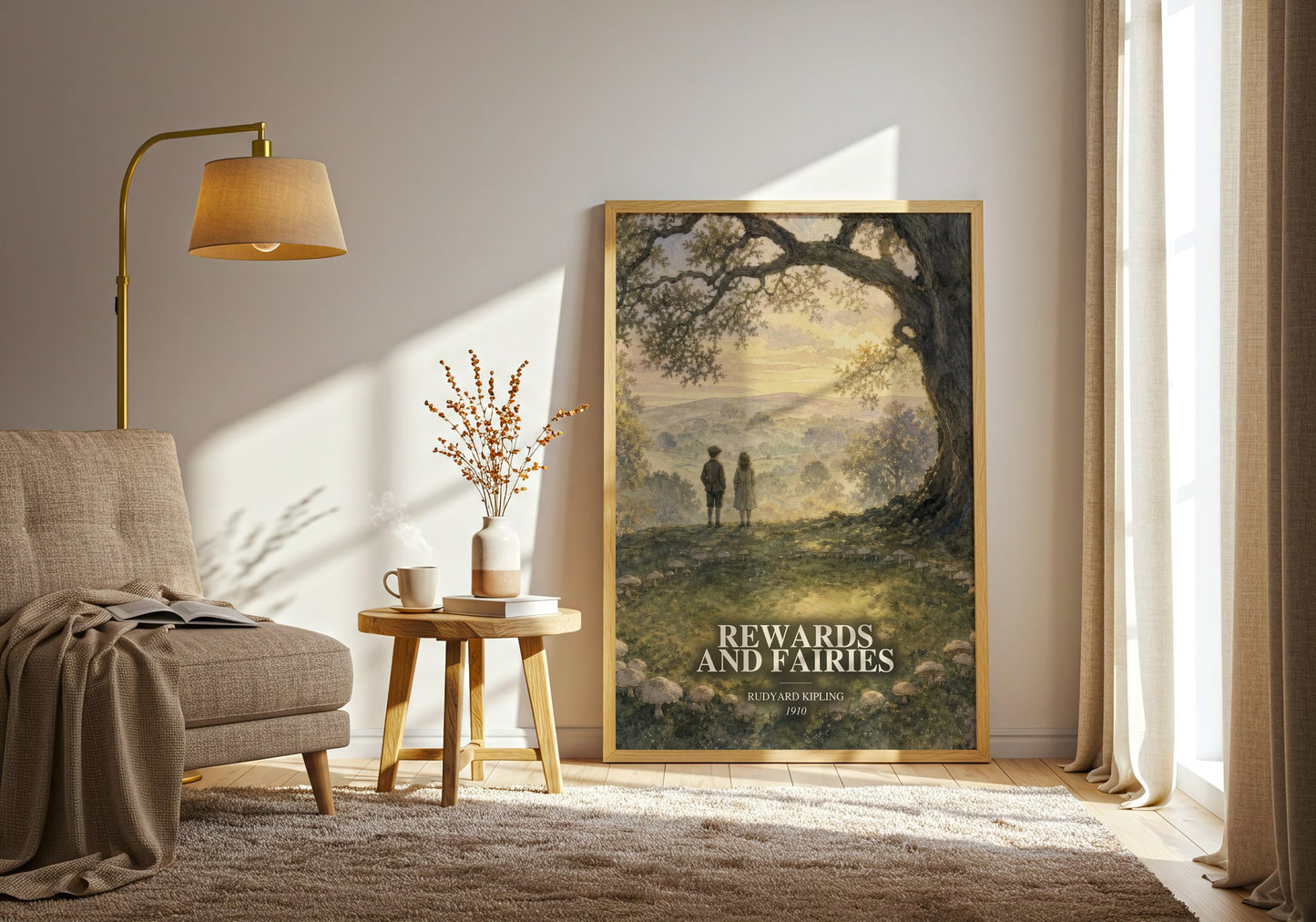 Rewards And Fairies watercolour print in frame leaning in hallway – childrens wall art