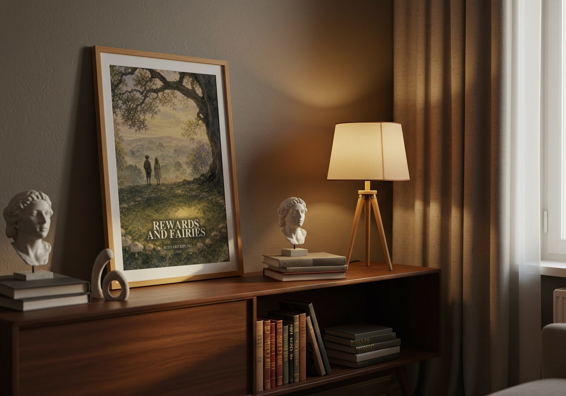 Rewards And Fairies watercolour print on bookshelf – Rudyard Kipling fan gift