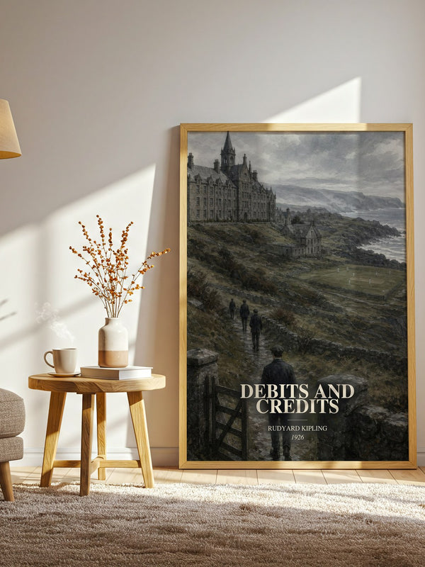 Debits And Credits watercolour print in frame leaning in hallway – classic literature wall art