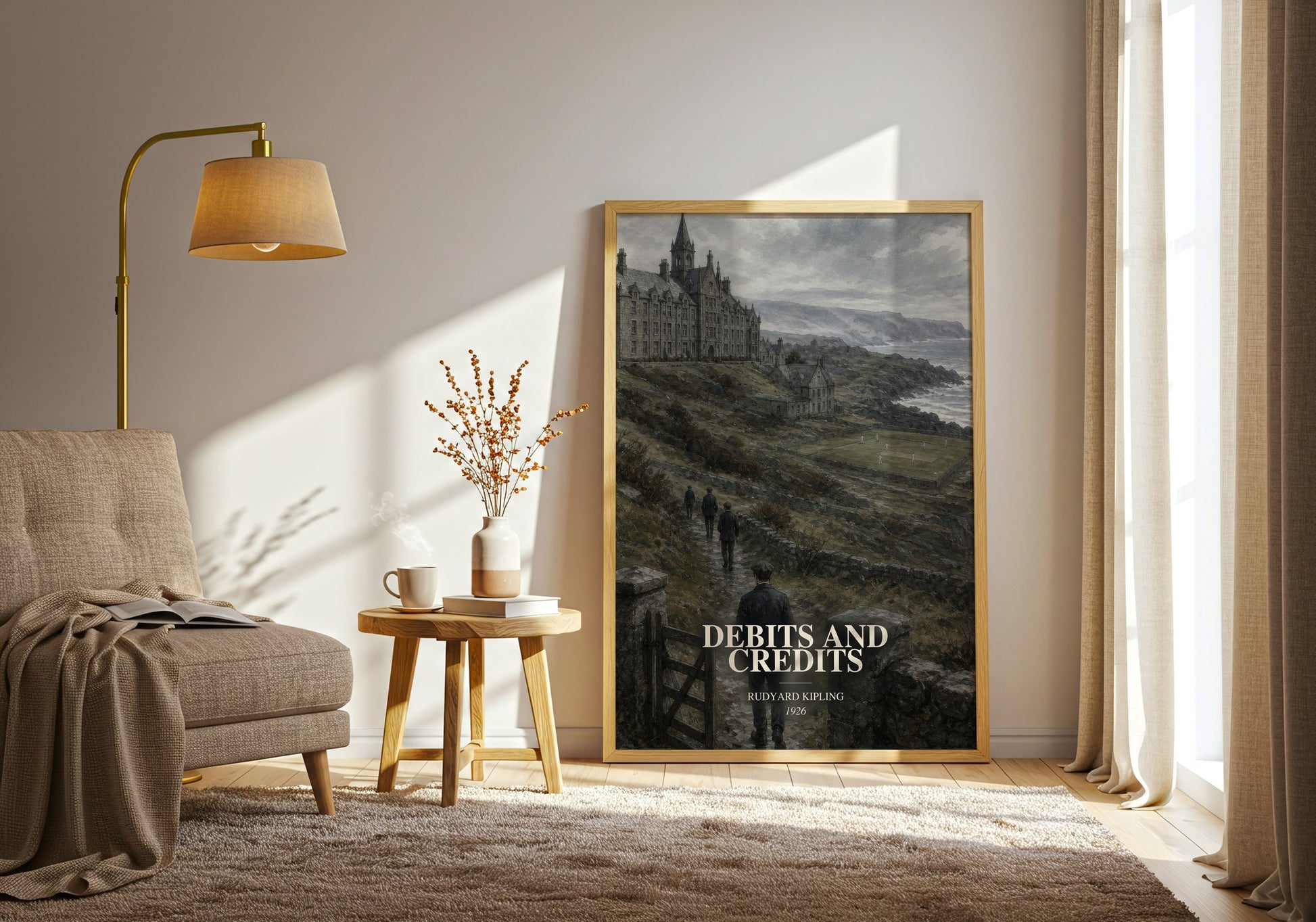 Debits And Credits watercolour print in frame leaning in hallway – classic literature wall art