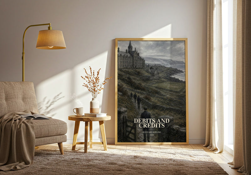 Debits And Credits watercolour print in frame leaning in hallway – classic literature wall art