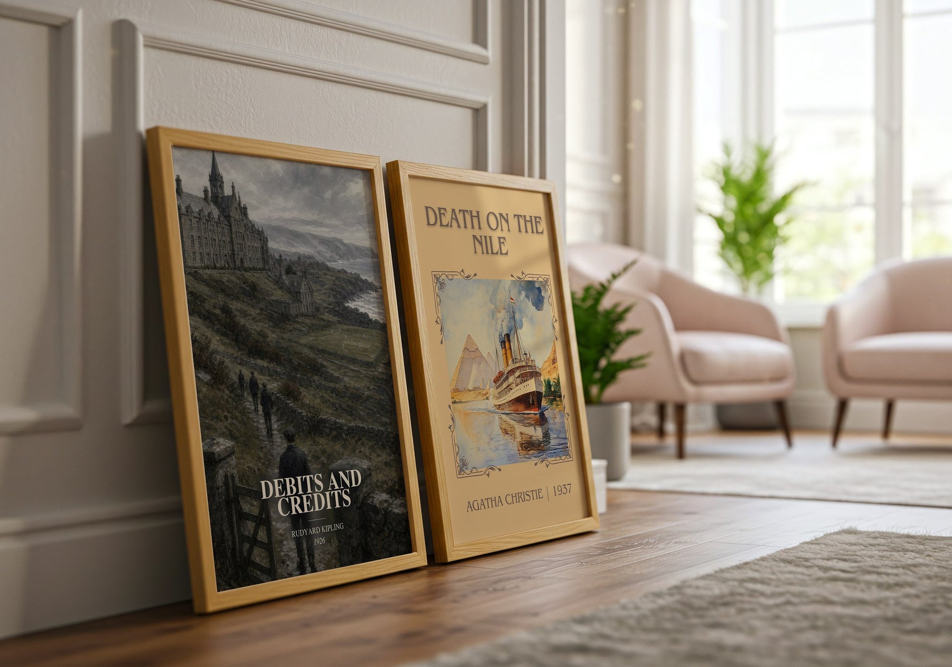 Debits And Credits watercolour print framed by window – literary home decor