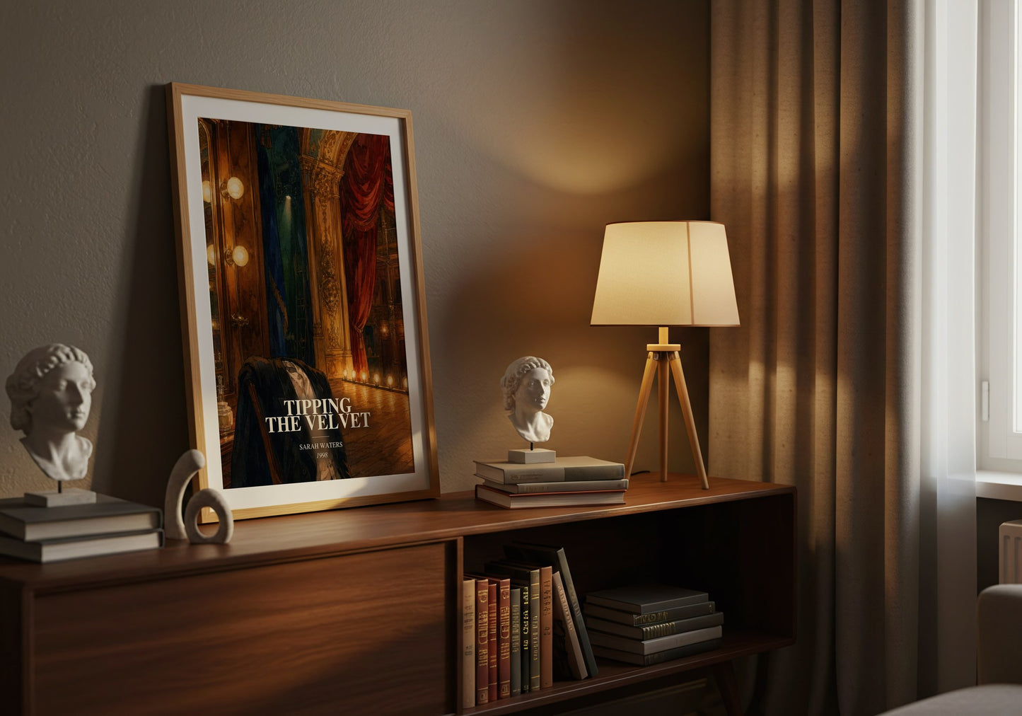 Tipping The Velvet watercolour print on bookshelf – Sarah Waters fan gift