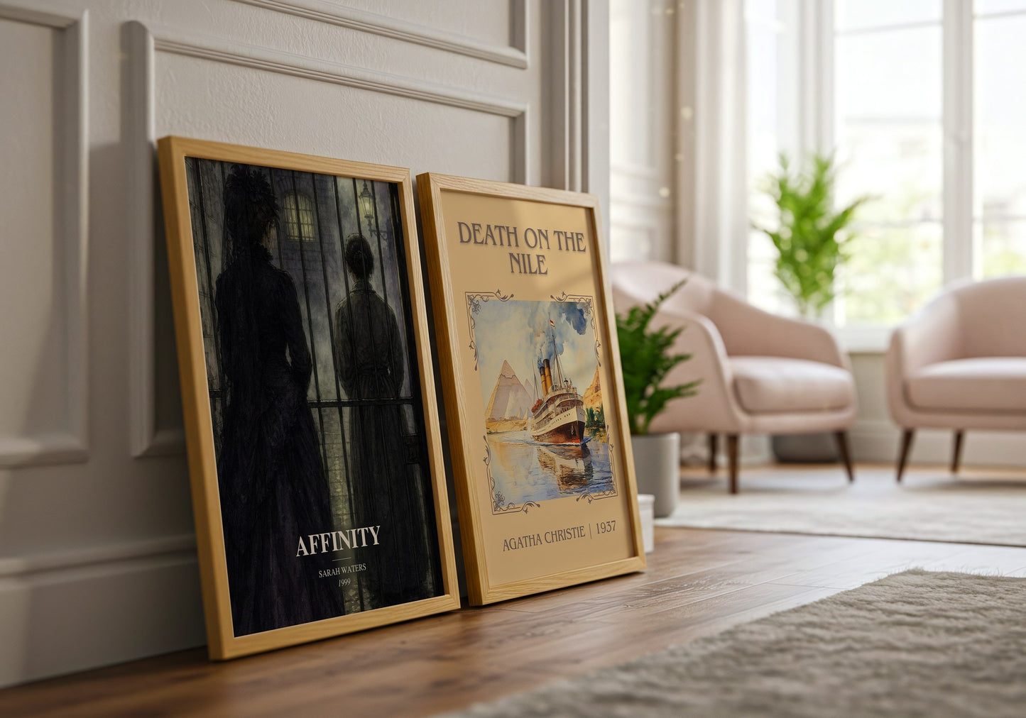 Affinity watercolour print framed by window – literary home decor