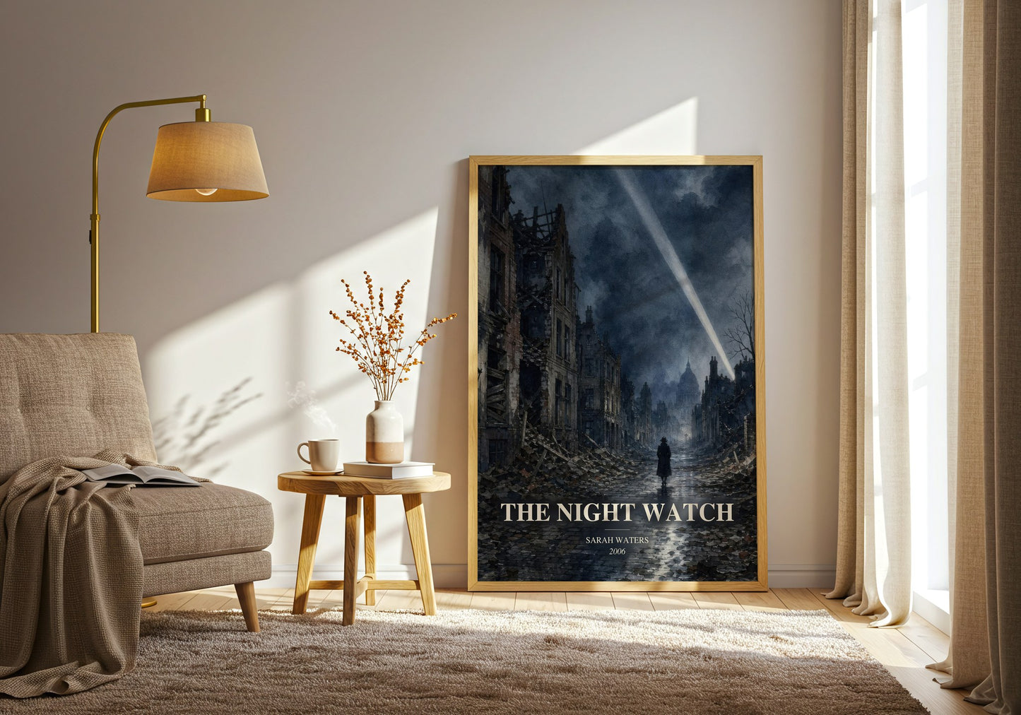 The Night Watch watercolour print in frame leaning in hallway – historical fiction wall art