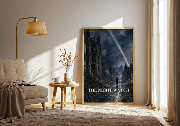 The Night Watch watercolour print in frame leaning in hallway – historical fiction wall art