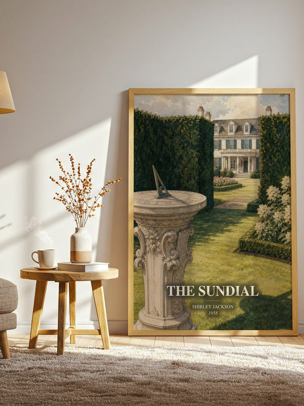The Sundial watercolour print in frame leaning in hallway – gothic wall art