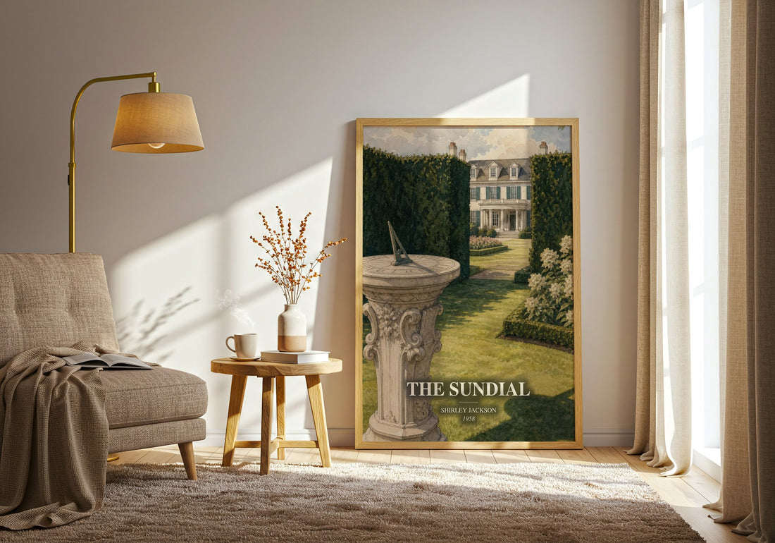 The Sundial watercolour print in frame leaning in hallway – gothic wall art (mockup)