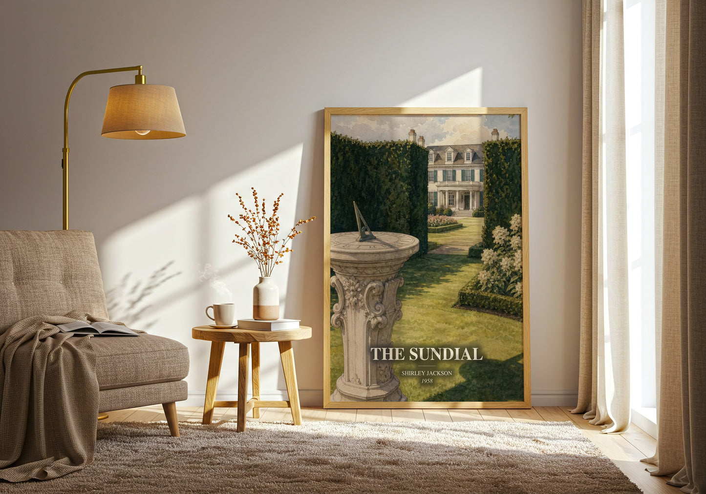 The Sundial watercolour print in frame leaning in hallway – gothic wall art