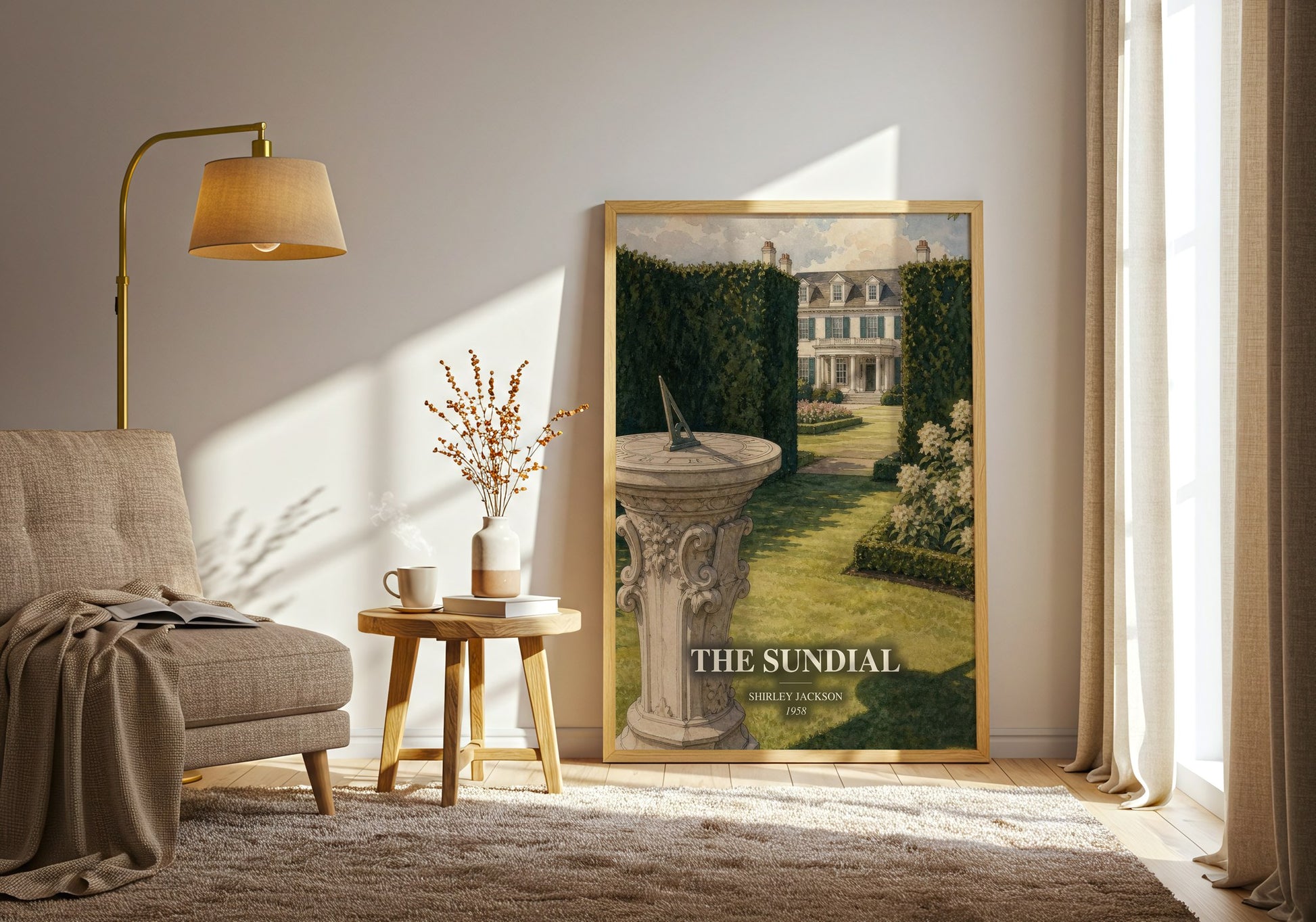 The Sundial watercolour print in frame leaning in hallway – gothic wall art