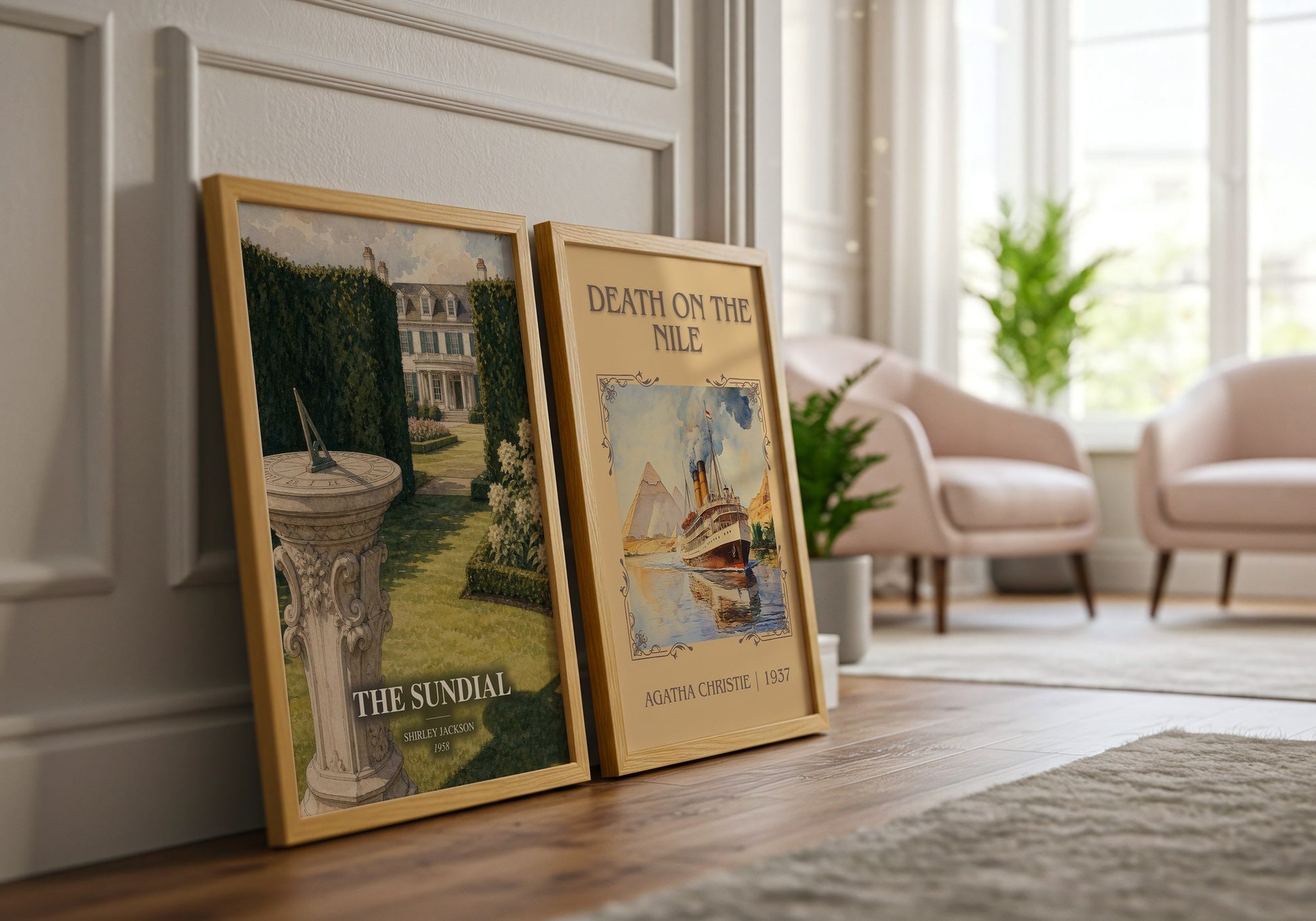 The Sundial watercolour print framed by window – literary home decor