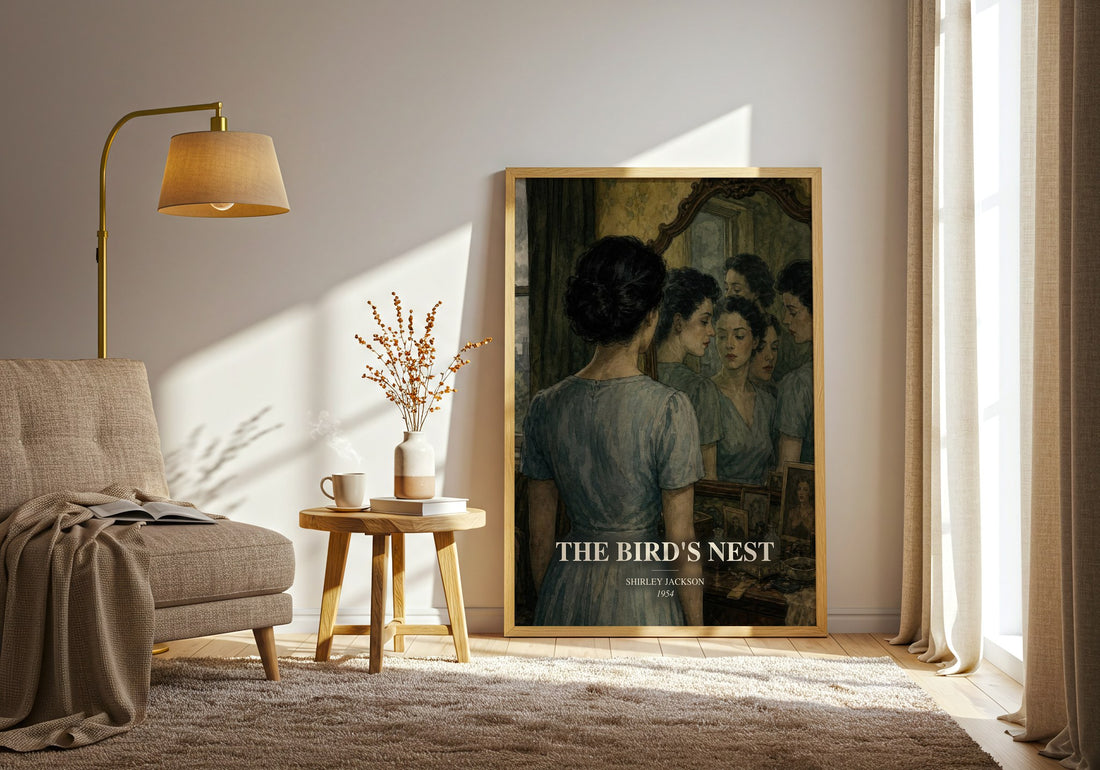 The Bird'S Nest watercolour print in frame leaning in hallway – literary fiction wall art (mockup)
