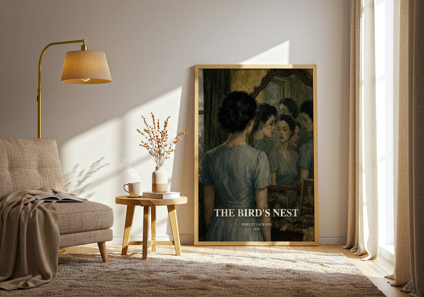 The Bird'S Nest watercolour print in frame leaning in hallway – literary fiction wall art