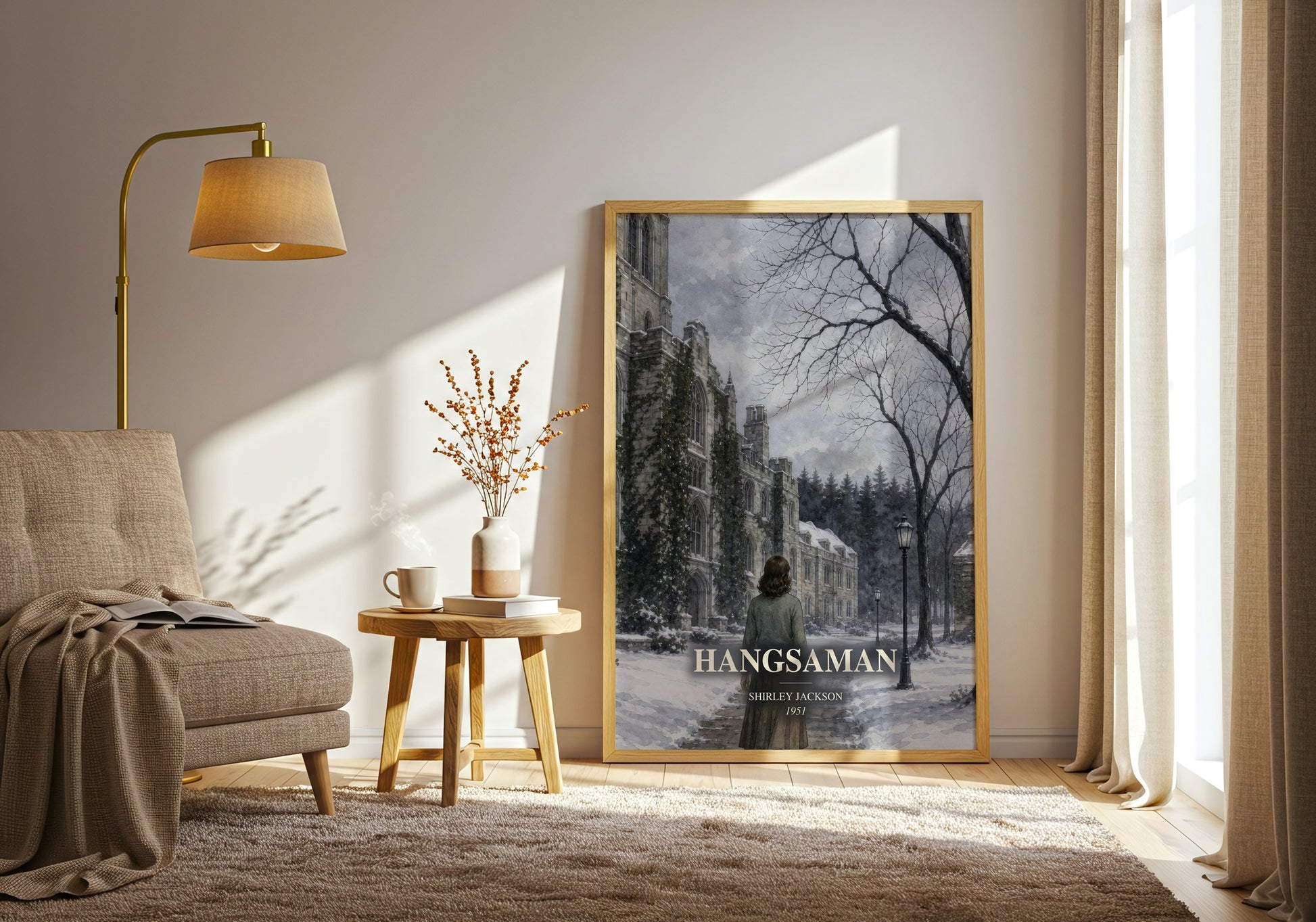 Hangsaman watercolour print in frame leaning in hallway – literary fiction wall art