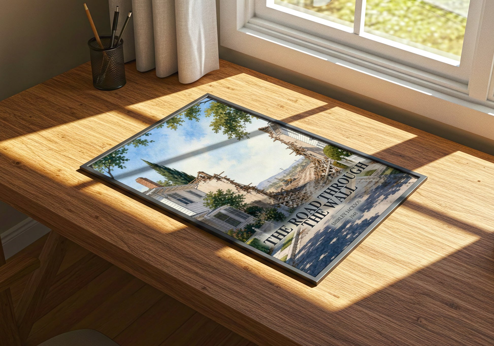 The Road Through The Wall watercolour book poster framed on wall – literary fiction wall art