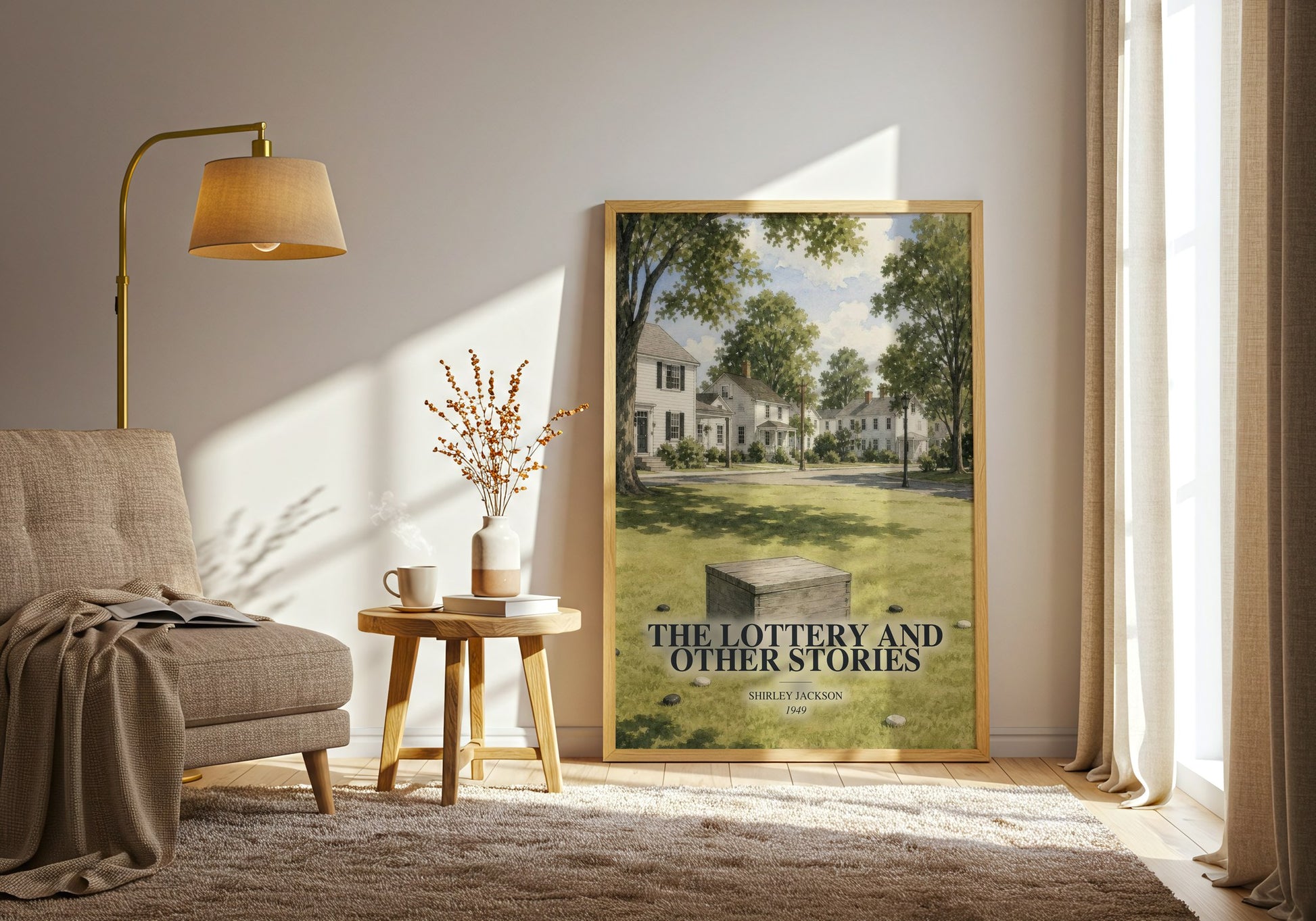The Lottery And Other Stories watercolour print in frame leaning in hallway – horror wall art