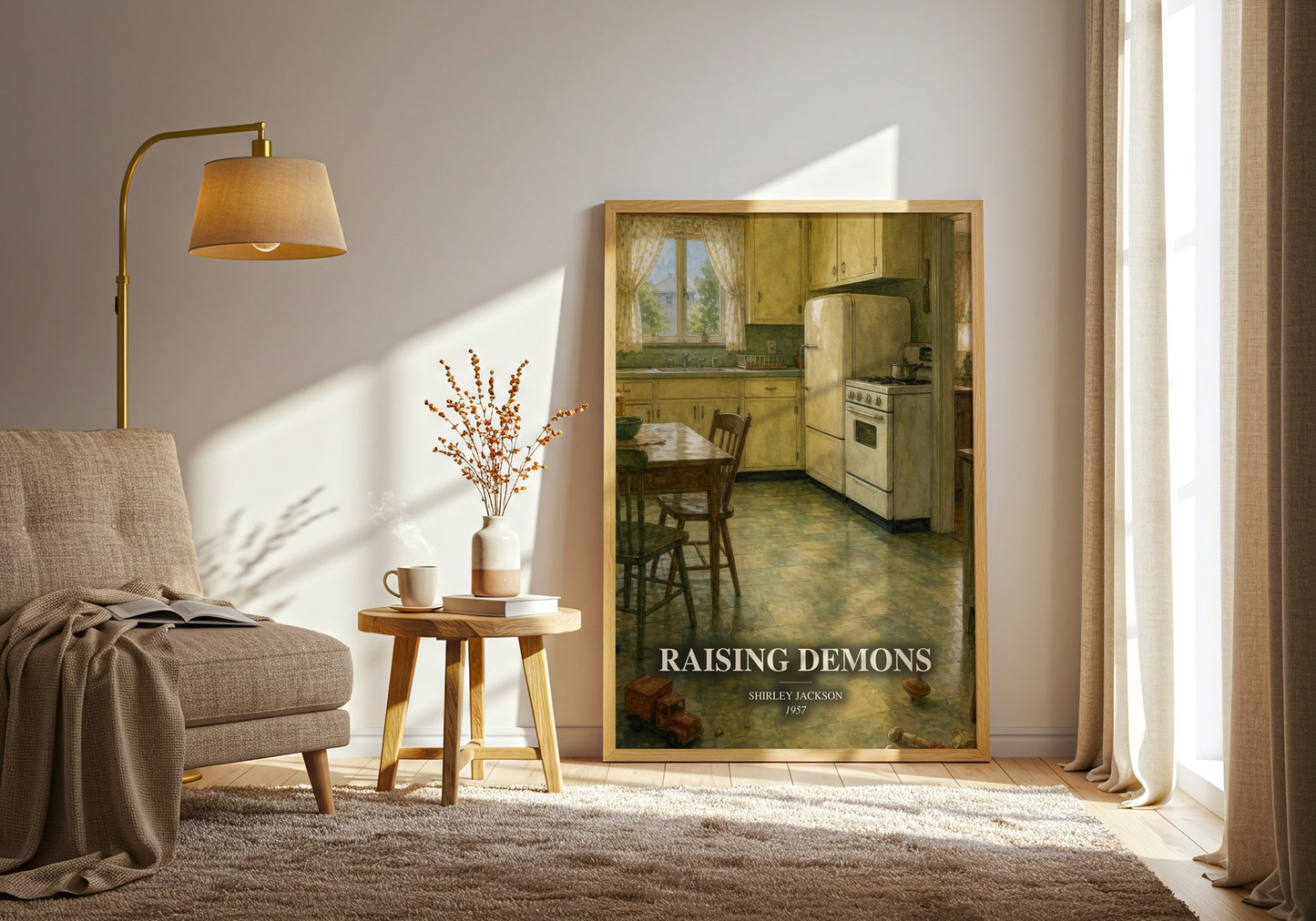 Raising Demons watercolour print in frame leaning in hallway – memoir wall art