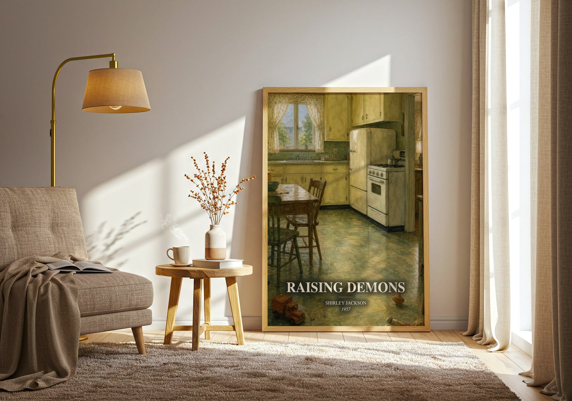 Raising Demons watercolour print in frame leaning in hallway – memoir wall art