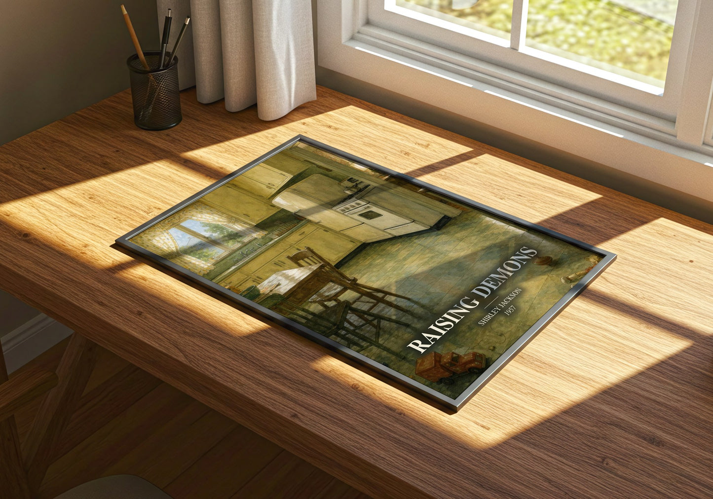 Raising Demons watercolour book poster framed on wall – memoir wall art