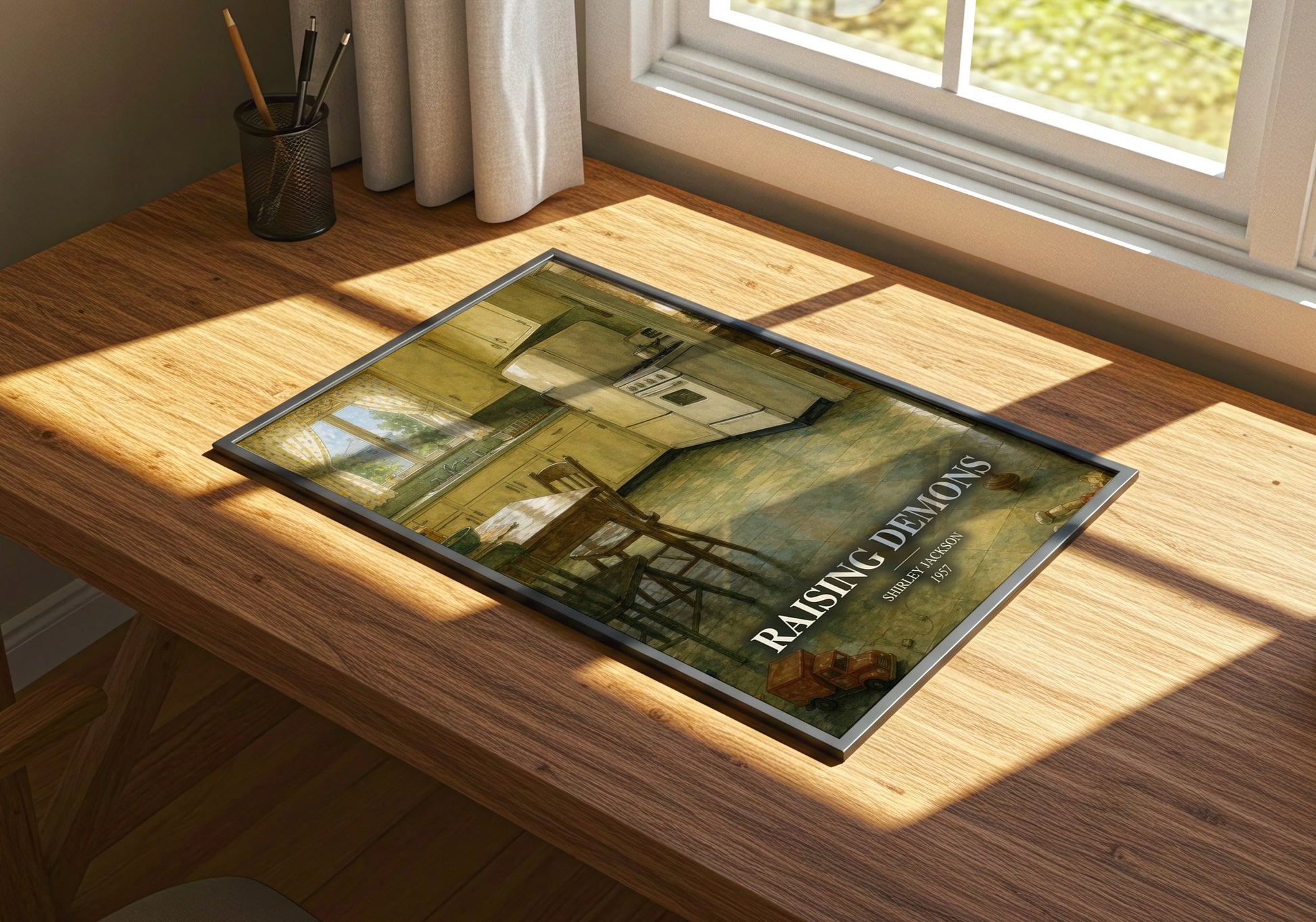 Raising Demons watercolour book poster framed on wall – memoir wall art