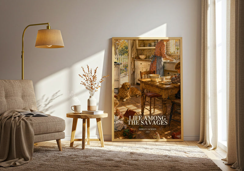 Life Among The Savages watercolour print in frame leaning in hallway – memoir wall art