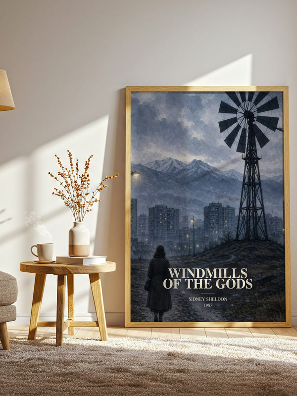 Windmills Of The Gods watercolour print in frame leaning in hallway – thriller wall art