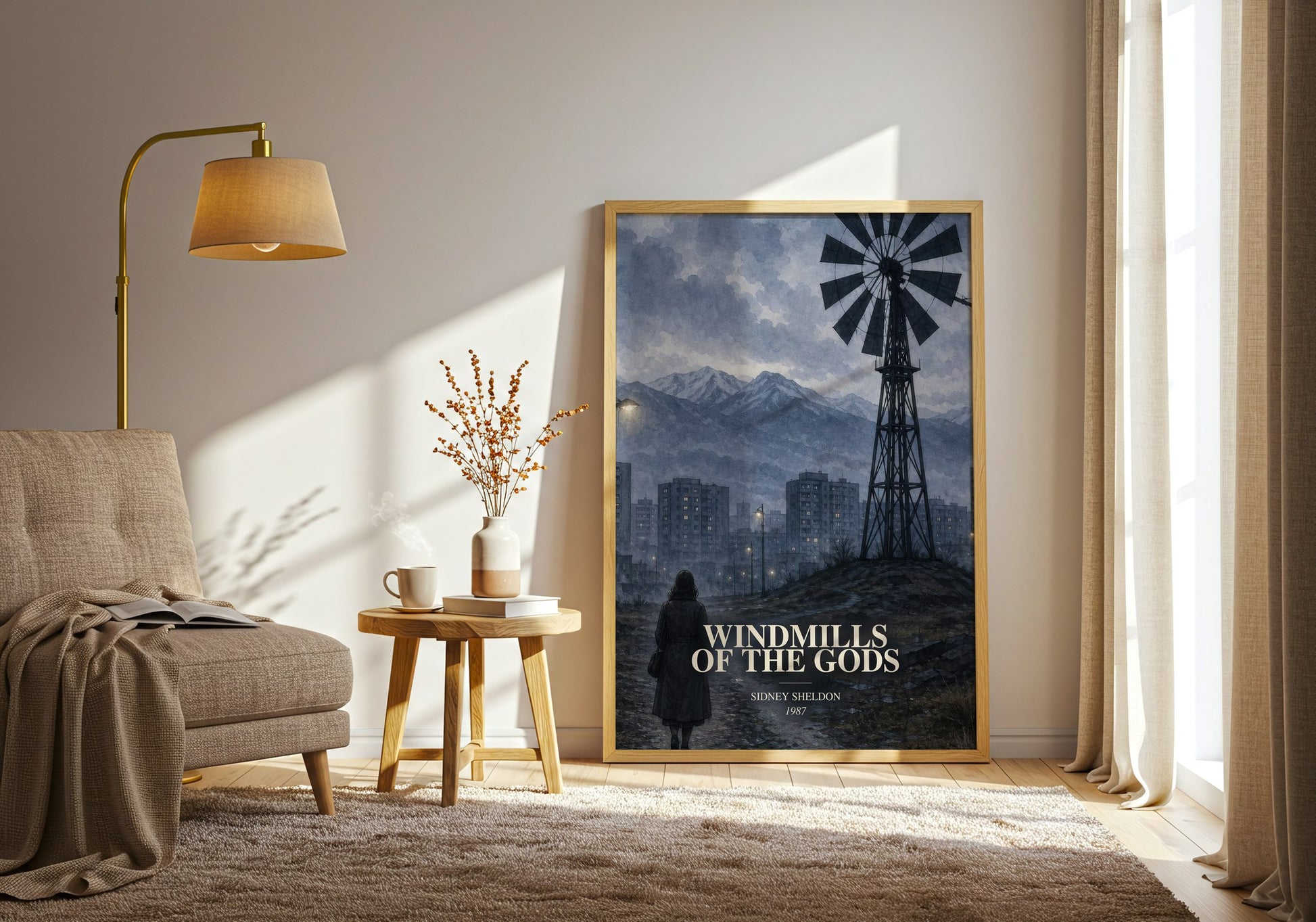 Windmills Of The Gods watercolour print in frame leaning in hallway – thriller wall art