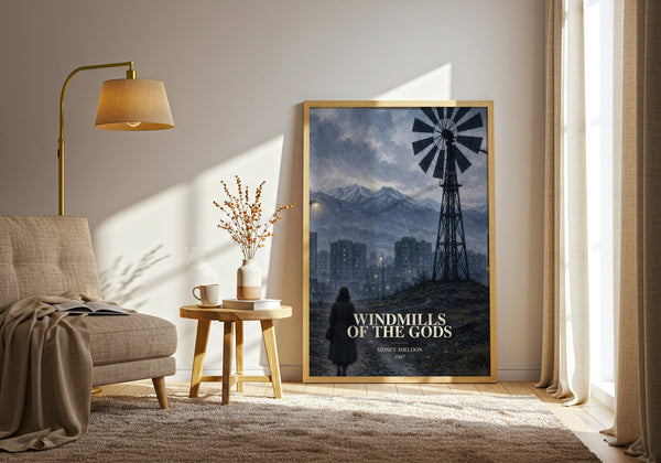 Windmills Of The Gods watercolour print in frame leaning in hallway – thriller wall art