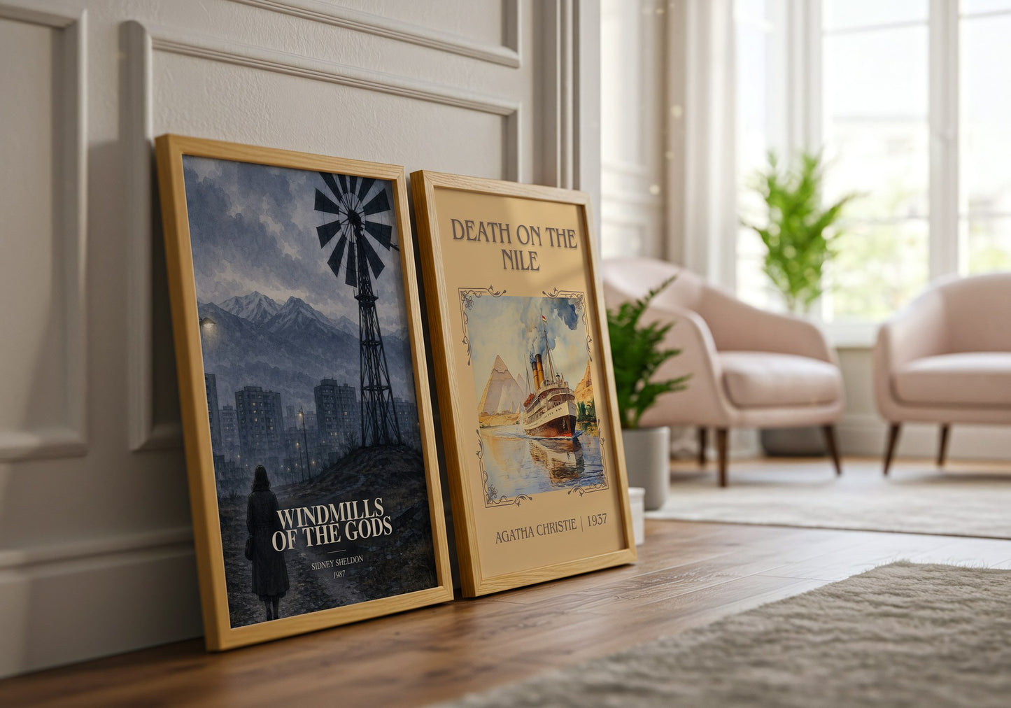 Windmills Of The Gods watercolour print framed by window – literary home decor
