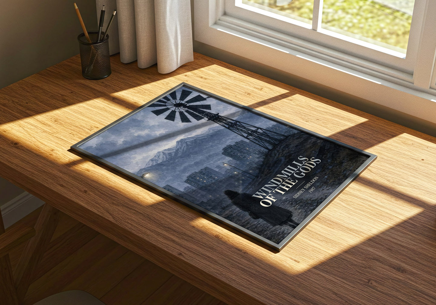 Windmills Of The Gods watercolour book poster framed on wall – thriller wall art