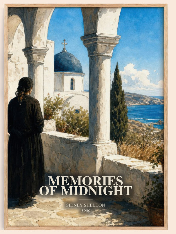 Memories Of Midnight watercolour book poster by Sidney Sheldon – framed literary art print