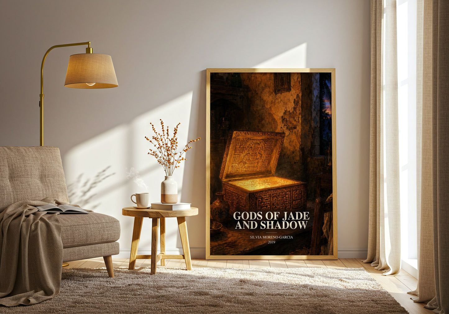 Gods Of Jade And Shadow watercolour print in frame leaning in hallway – fantasy wall art