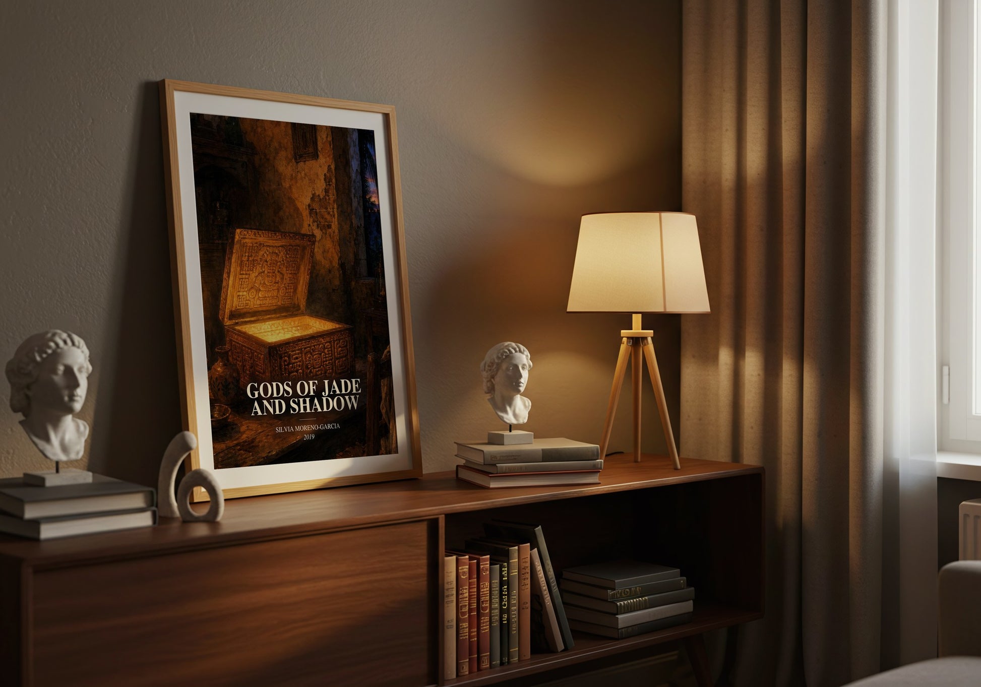 Gods Of Jade And Shadow watercolour print on bookshelf – Silvia Moreno-Garcia fan gift