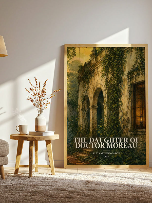 The Daughter Of Doctor Moreau watercolour print in frame leaning in hallway – sci fi wall art