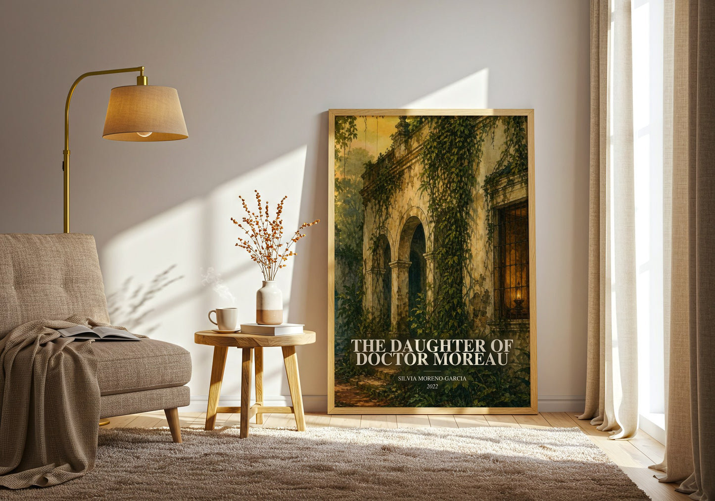 The Daughter Of Doctor Moreau watercolour print in frame leaning in hallway – sci fi wall art
