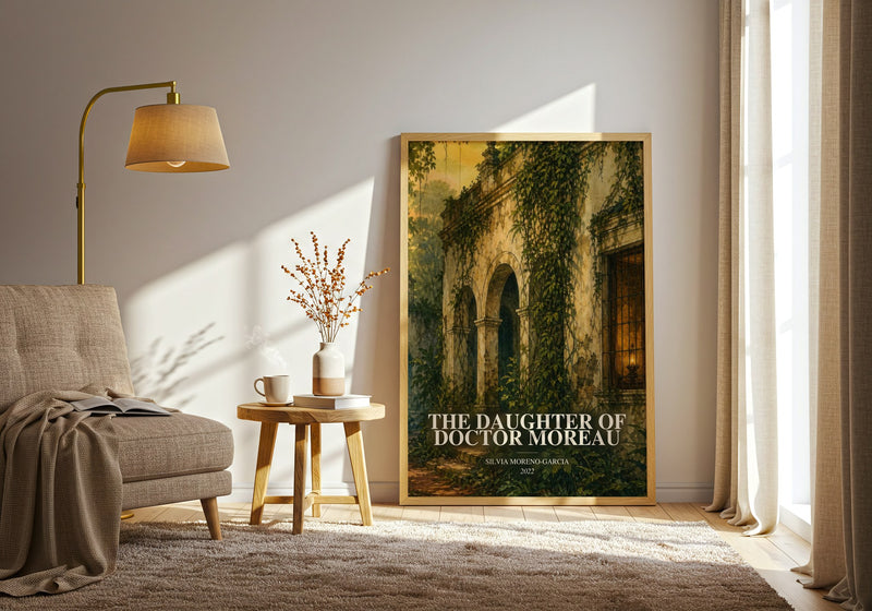 The Daughter Of Doctor Moreau watercolour print in frame leaning in hallway – sci fi wall art