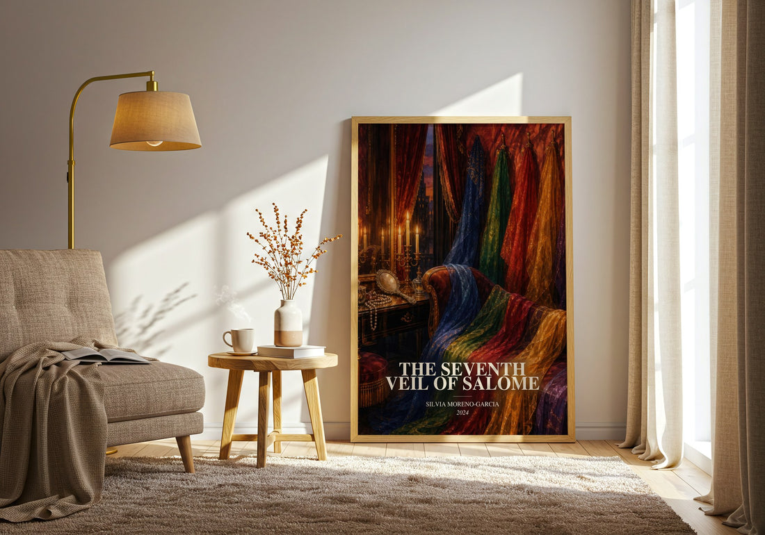The Seventh Veil Of Salome watercolour print in frame leaning in hallway – historical fiction wall art (mockup)