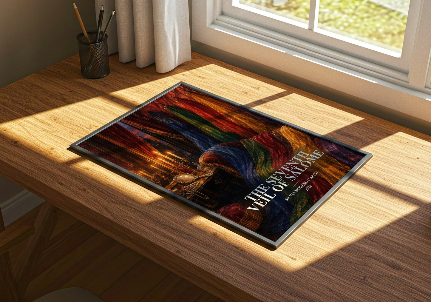 The Seventh Veil Of Salome watercolour book poster framed on wall – historical fiction wall art