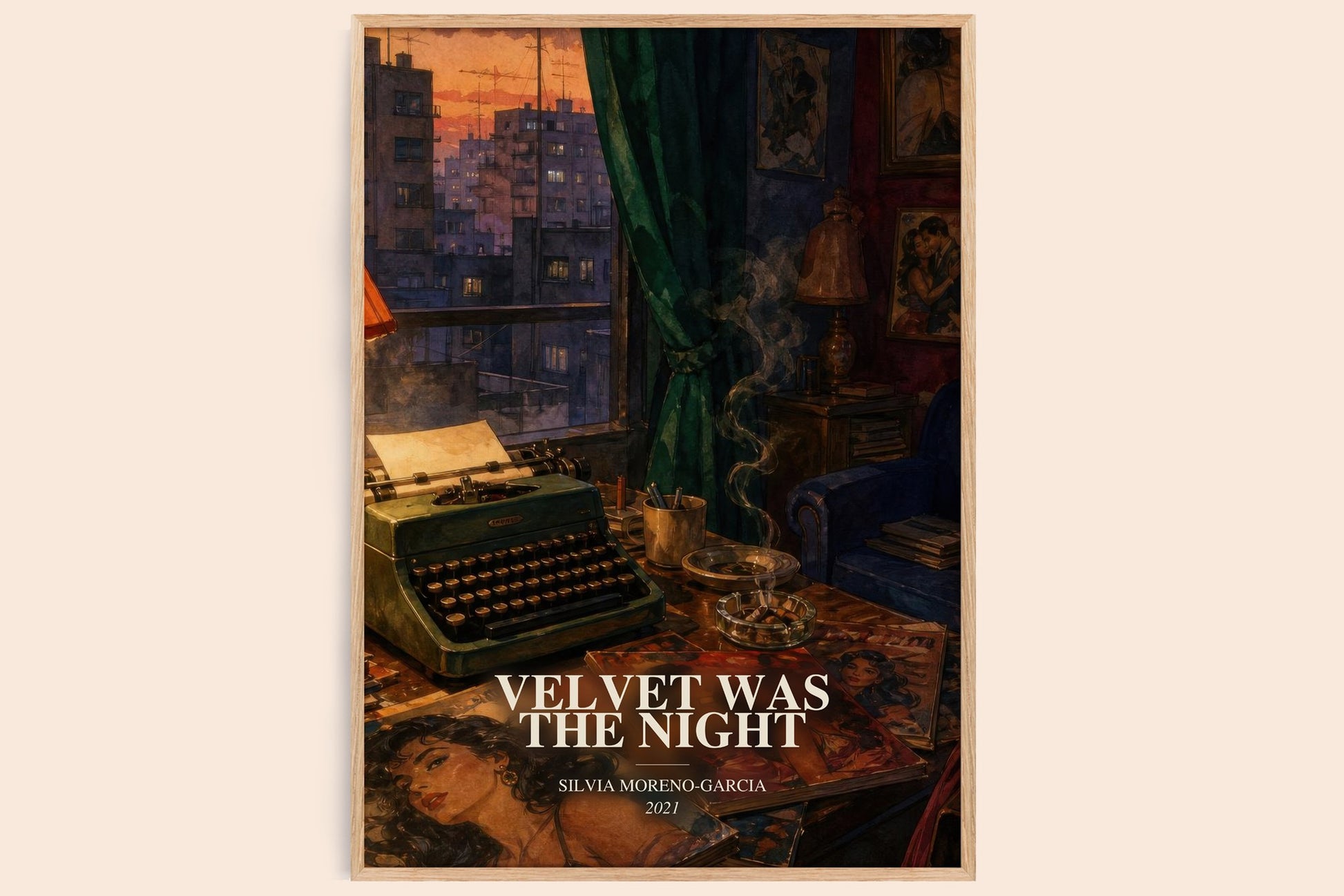 Velvet Was The Night watercolour book poster by Silvia Moreno-Garcia – framed literary art print