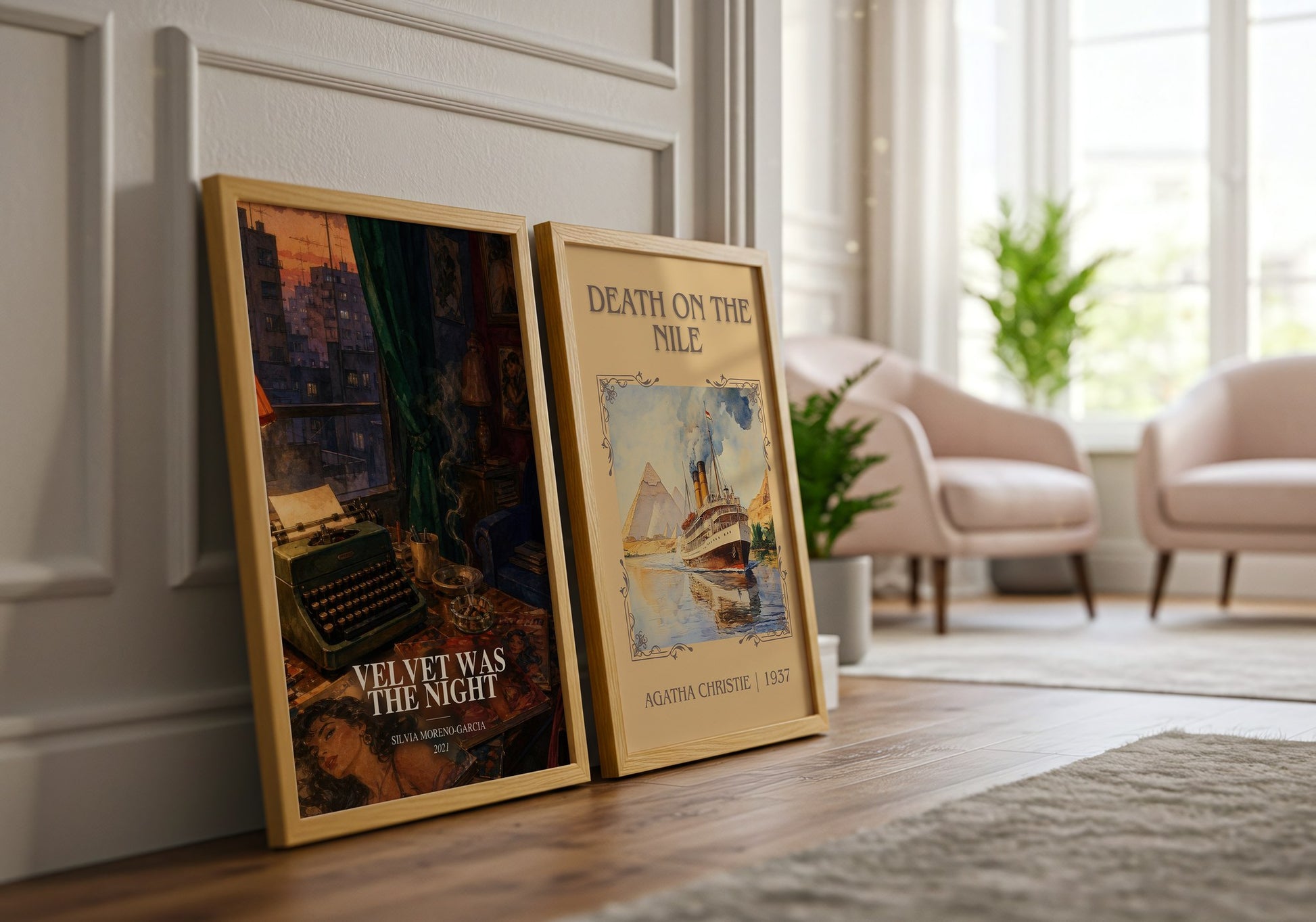 Velvet Was The Night watercolour print framed by window – literary home decor