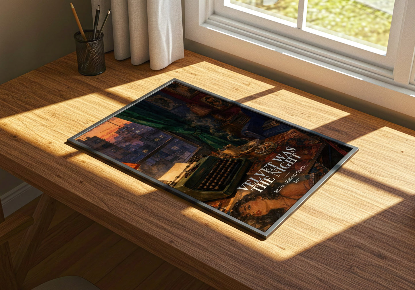 Velvet Was The Night watercolour book poster framed on wall – mystery wall art
