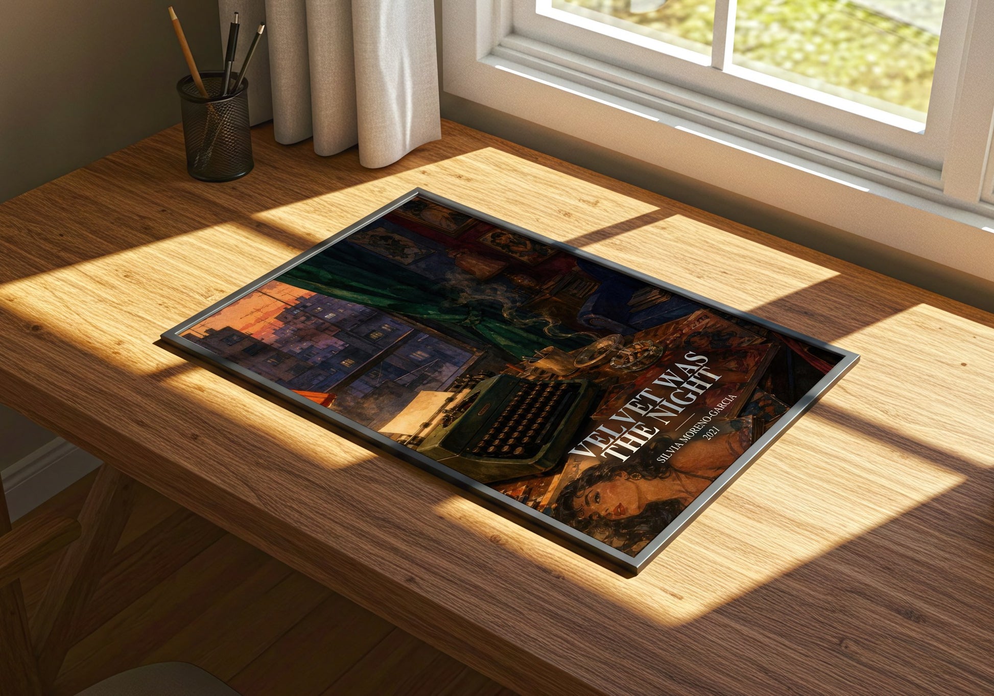 Velvet Was The Night watercolour book poster framed on wall – mystery wall art