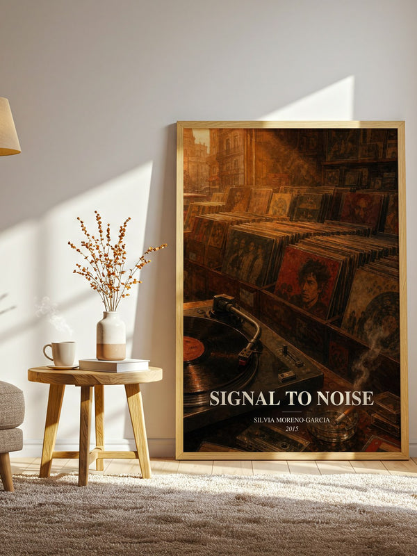 Signal To Noise watercolour print in frame leaning in hallway – contemporary fiction wall art