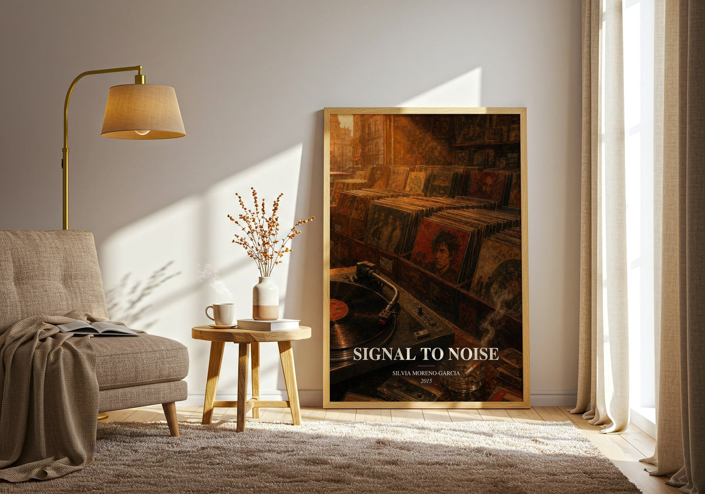 Signal To Noise watercolour print in frame leaning in hallway – contemporary fiction wall art