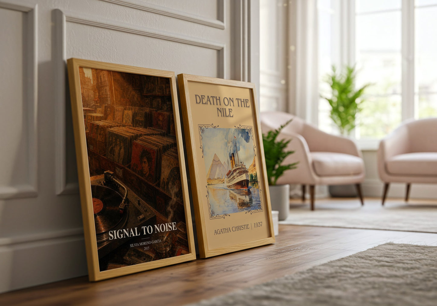 Signal To Noise watercolour print framed by window – literary home decor