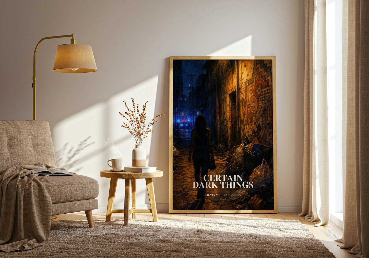 Certain Dark Things watercolour print in frame leaning in hallway – fantasy wall art
